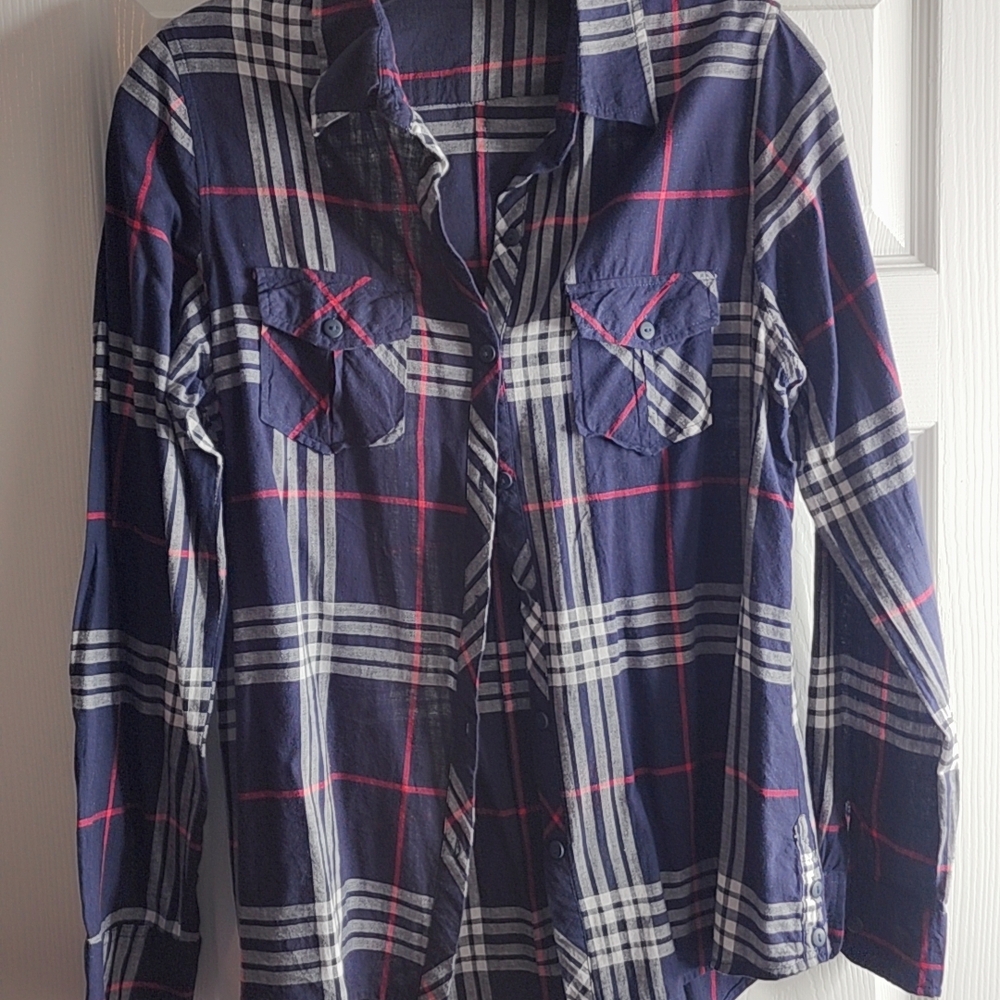 Plaid Button-Up Blouse - Navy and White